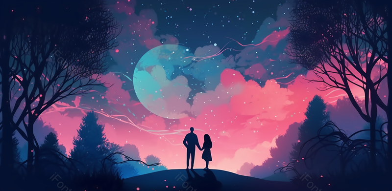 520情人节情侣在星空下散步的场景,插画/手绘图,插画/手绘图库,插画/手绘图下载,插画/手绘